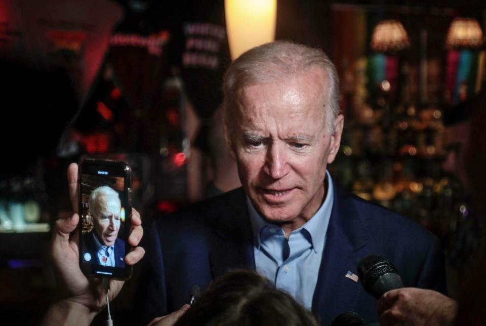 Former Vice President and 2020 Democratic presidential candidate Joe Biden addresses patrons and media during a visit to the Stonewall Inn, Tuesday, June 18, 2019, in New York.