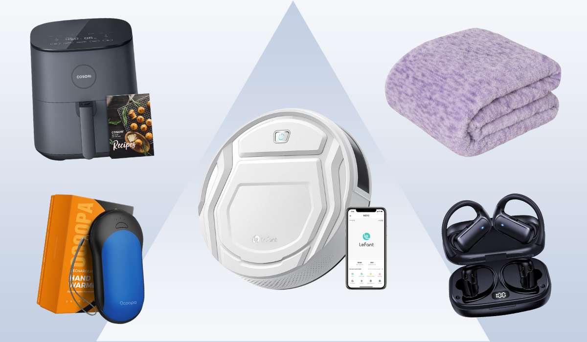 air fryer, hand warmer, robot vacuum, purple blanket, and bluetooth headphones