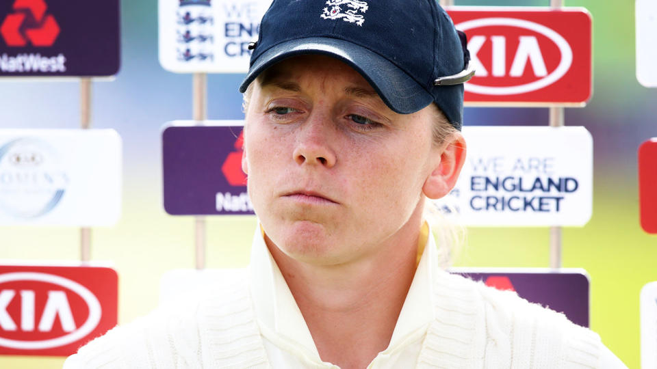 Heather Knight, pictured here after the women's Ashes Test match in 2019.