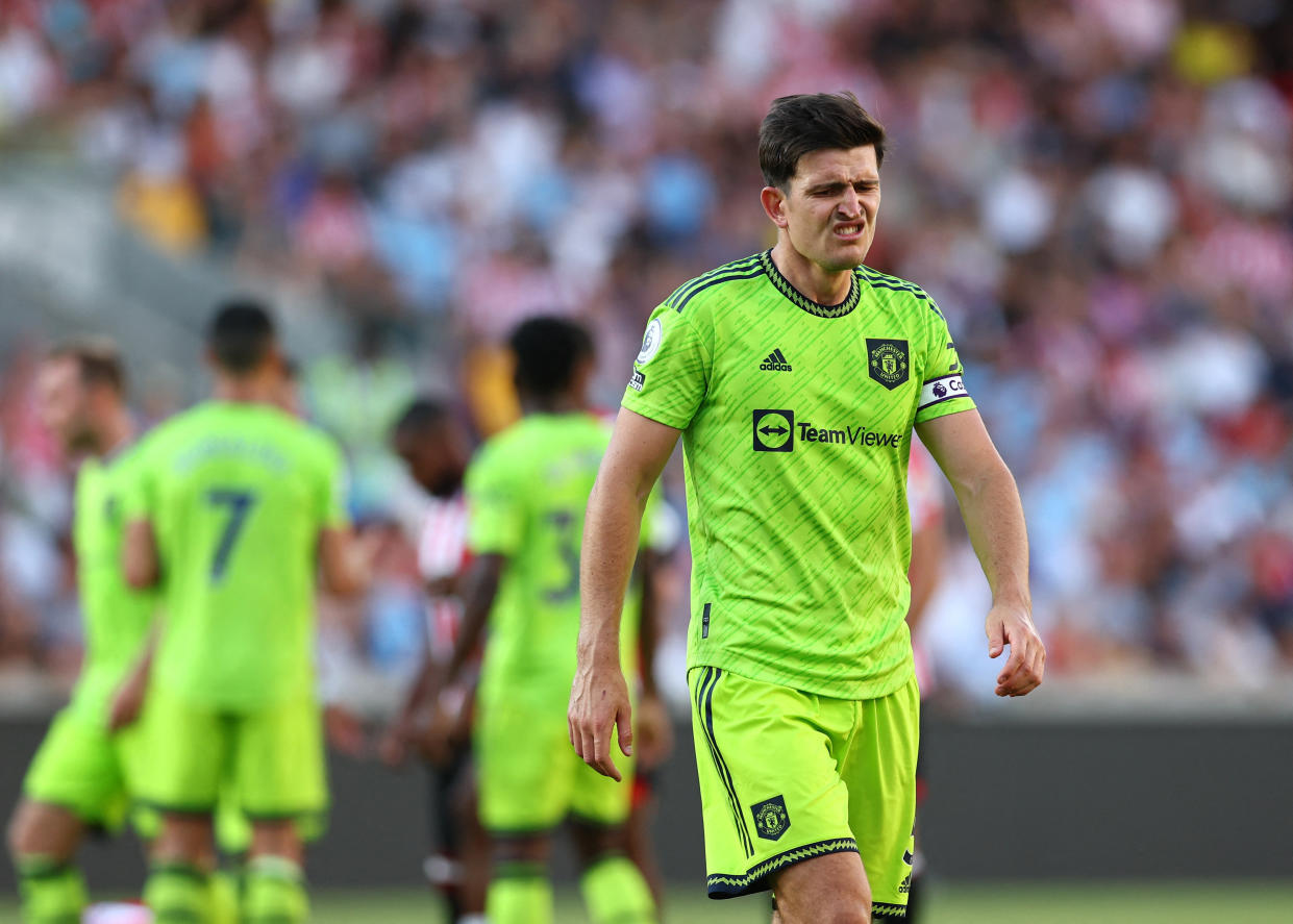 Manchester United's Harry Maguire grimaces in their English Premier League match against Brentford.