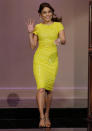 Celebrities in neon fashion: Vanessa Hudgens wowed in a yellow sequinned frock.<br><br>[Getty]