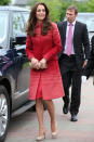<p>Kate donned a red ombre coat by Jonathan Saunders for a day of engagements in Scotland. She paired the look with two favourites: a nude clutch and heels by L.K. Bennett. </p><p><i>[Photo: PA]</i></p>