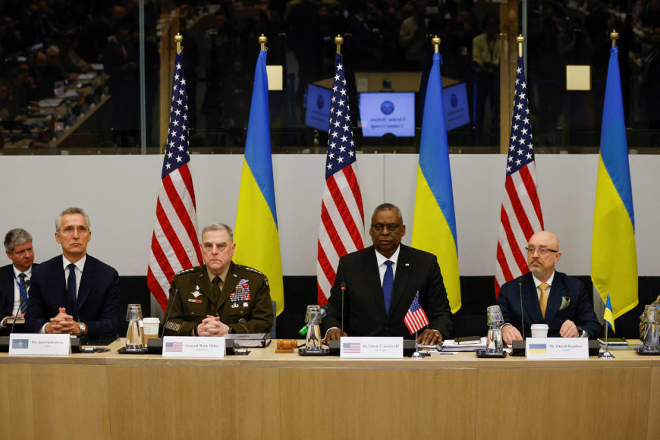 <div class="inline-image__caption"><p>NATO Secretary General Jens Stoltenberg, U.S. Chairman of the Joint Chiefs of Staff Gen. Mark A. Milley, U.S. Secretary of Defense Lloyd Austin and Ukraine's Defense Minister Oleksii Reznikov attend a NATO defence ministers meeting at the Alliance's headquarters in Brussels, Belgium, February 14, 2023.</p></div> <div class="inline-image__credit">Johanna Geron via Reuters</div>