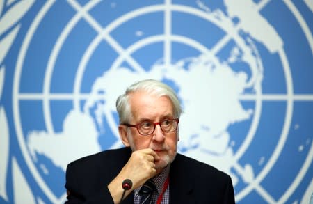 Pinheiro Chairperson of the Commission of Inquiry on Syria attends a news conference during the Human Rights Council in Geneva