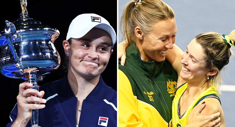 Pictured Ash Barty left and Alicia Molik and Storm Hunter pictured right