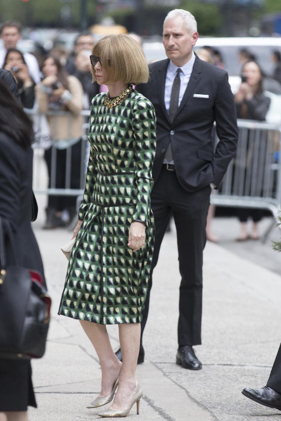Anna Wintour, editor-in-chief of Vogue magazine, arrives at St. Bartholomew's Church for a memorial service for fashion designer L'Wren Scott, Friday, May 2, 2014, in New York. Scott committed suicide on March 17 in her Manhattan apartment. (AP Photo/John Minchillo)