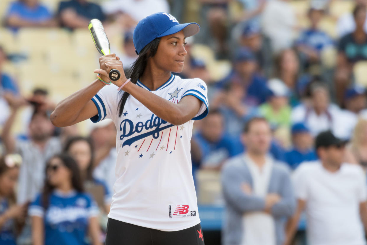 Mo'ne Davis in action during the Hollywood Stars celebrity softball game played at Dodger Stadium in Los Angeles, CA. (Photo by Brian Rothmuller/Icon Sportswire via Getty Images)