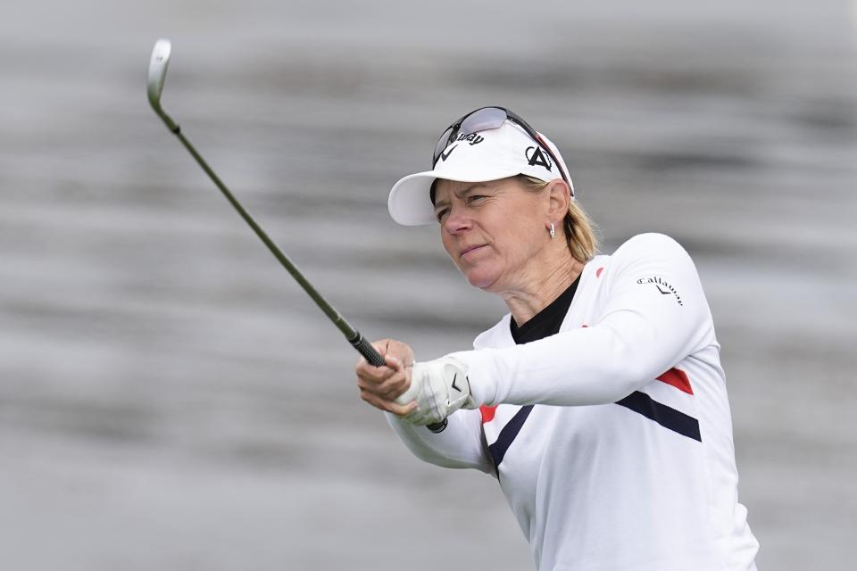 Annika Sorenstam, of Sweden, hits to the seventh green during a practice round for the U.S. Women's Open golf tournament at the Pebble Beach Golf Links, Wednesday, July 5, 2023, in Pebble Beach, Calif. (AP Photo/Darron Cummings)