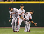 SEATTLE, WA - JUNE 15: L to R: Melky Cabrera #53, Gregor Blanco #7, and Angel Pagan #16 of the San Francisco Giants celebrate after defeating the Seattle Mariners 4-2 at Safeco Field on June 15, 2012 in Seattle, Washington. (Photo by Otto Greule Jr/Getty Images)