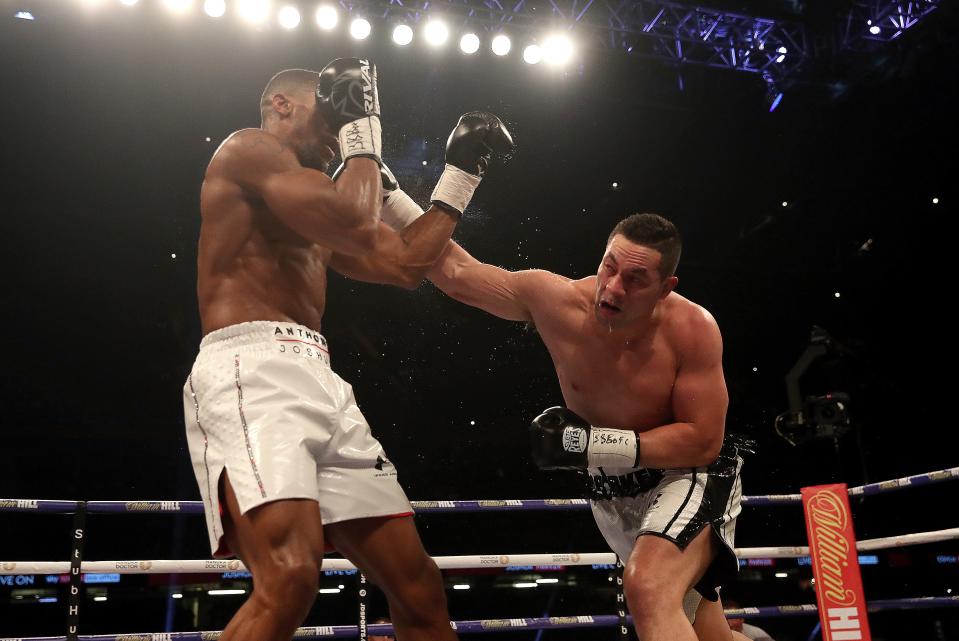 <p>Joseph Parker finally sprang to life in the fifth round and forced Anthony Joshua to cover up </p>