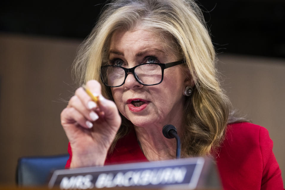 UNITED STATES - JANUARY 24: Sen. Marsha Blackburn, R-Tenn., speaks during the Senate Judiciary Committee hearing titled Thats the Ticket: Promoting Competition and Protecting Consumers in Live Entertainment, in Hart Building on Tuesday, January 24, 2023. (Tom Williams/CQ-Roll Call, Inc via Getty Images)