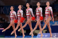 <p>Team Italy competes during the Group All-Around Final at Ariake Gymnastics Centre on August 08, 2021 in Tokyo, Japan. (Photo by Jamie Squire/Getty Images)</p> 