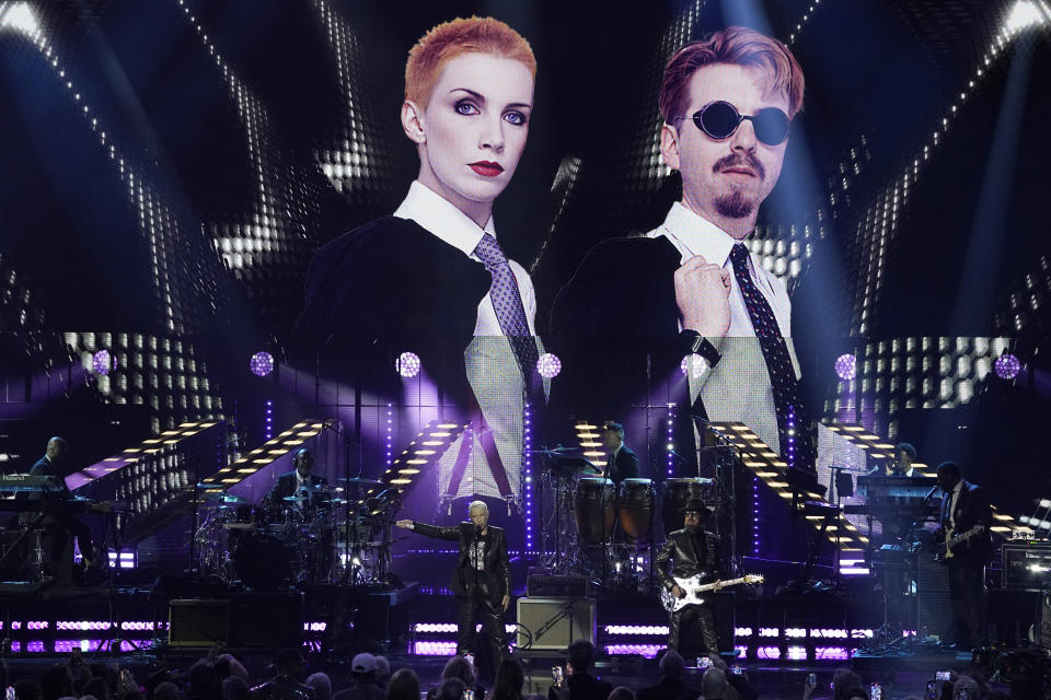 Inductees Annie Lennox, left, and Dave Stewart of Eurythmics perform during the Rock & Roll Hall of Fame Induction Ceremony on Saturday, Nov. 5, 2022, at the Microsoft Theater in Los Angeles. (AP Photo/Chris Pizzello)