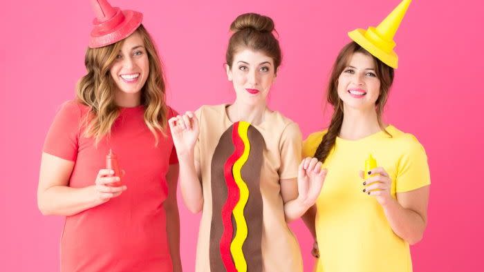 trio halloween costumes ketchup hot dog and mustard
