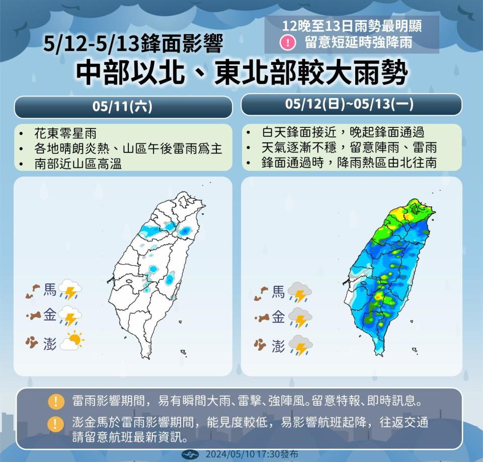 週日母親節、週一全台有雨。（圖／中央氣象署）