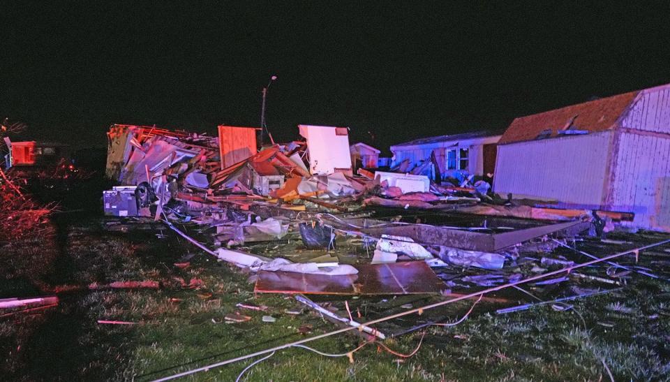 Mobile homes are damaged from tornadoes that ripped through the Indian Lake area of Logan County, Ohio late Thursday, March 14, 2024.