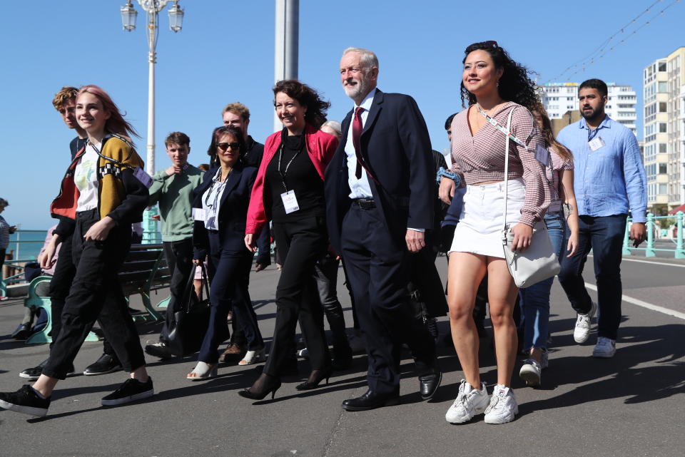 Jeremy Corbyn, walking along the promenade, arrives for the Labour Party Conference at the Brighton Centre in Brighton. PA Photo. Picture date: Saturday September 21, 2019. See PA story LABOUR Main. Photo credit should read: Gareth Fuller/PA Wire