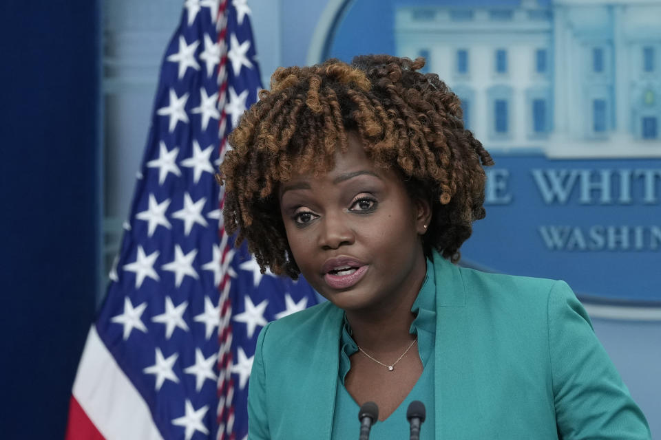 White House press secretary Karine Jean-Pierre speaks during the daily briefing at the White House in Washington, Friday, Jan. 27, 2023. (AP Photo/Susan Walsh)