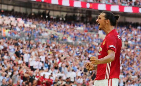 Football Soccer Britain - Leicester City v Manchester United - FA Community Shield - Wembley Stadium - 7/8/16 Manchester United's Zlatan Ibrahimovic celebrates scoring their second goal Reuters / Eddie Keogh