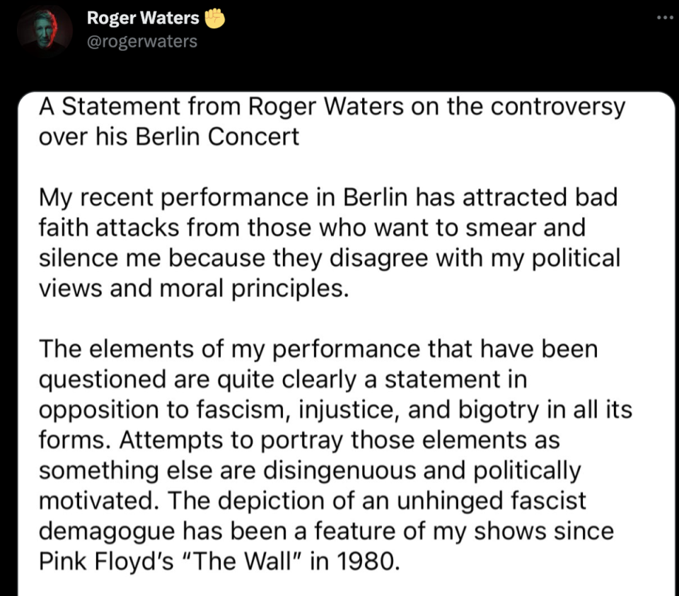 Roger Waters responds to ‘Nazi uniform’ controversy (Twitter)