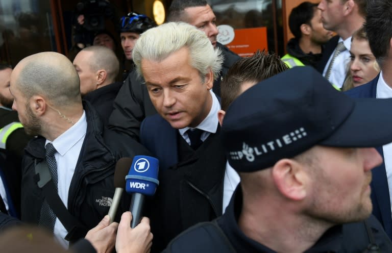 Dutch far-right politician Geert Wilders addresses journalists as he officially launches his parliamentary election campaign in Spijkenisse on February 18, 2017