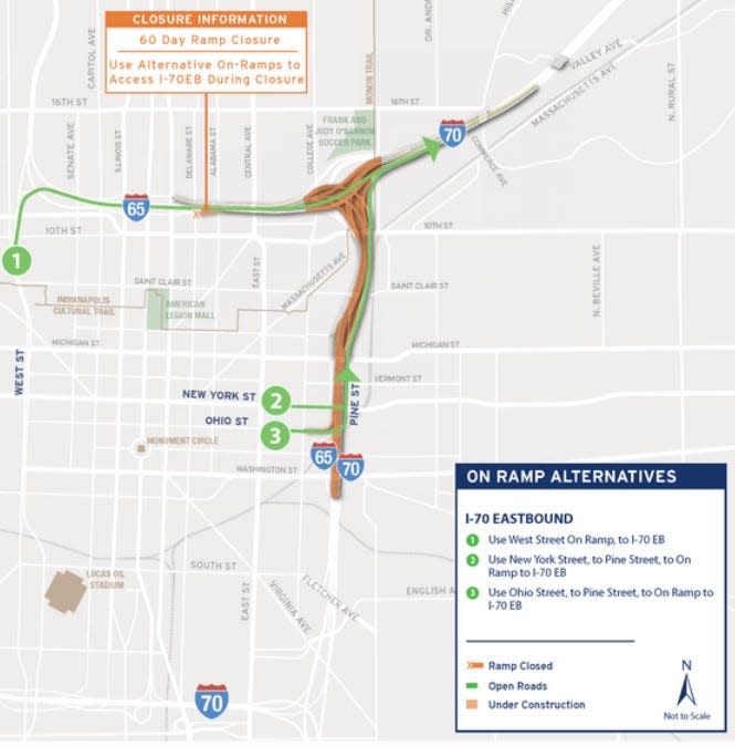 Detour map for the 60-day closure of the Delaware/11th Street ramp onto I-70 eastbound as part of the North Split project.