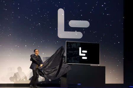 LeEco Chief R&D officer Rob Chandhok unveils the uMax85, an 85 inch television, during a press event in San Francisco, California, U.S. October 19, 2016. RETUERS/Beck Diefenbach