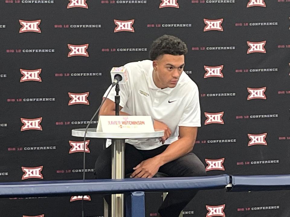 Iowa State's Xavier Hutchinson answers a question at Big 12 Media Day Thursday