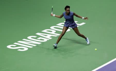 Tennis - WTA Tour Finals - Singapore Indoor Stadium, Singapore - October 22, 2017 USA's Venus Williams in action during her group stage match with Czech Republic's Karolina Pliskova REUTERS/Jeremy Lee