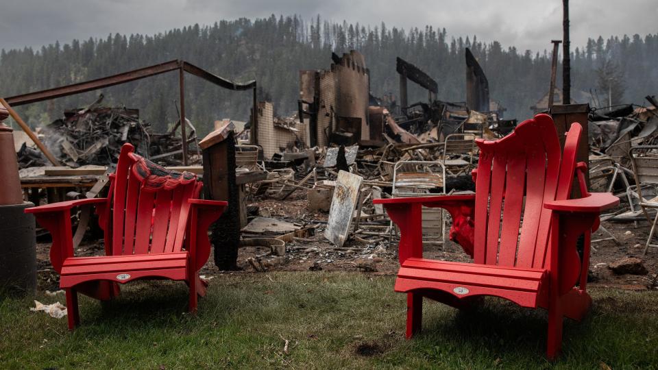 Melted chairs outside the gutted Maligne Lodge