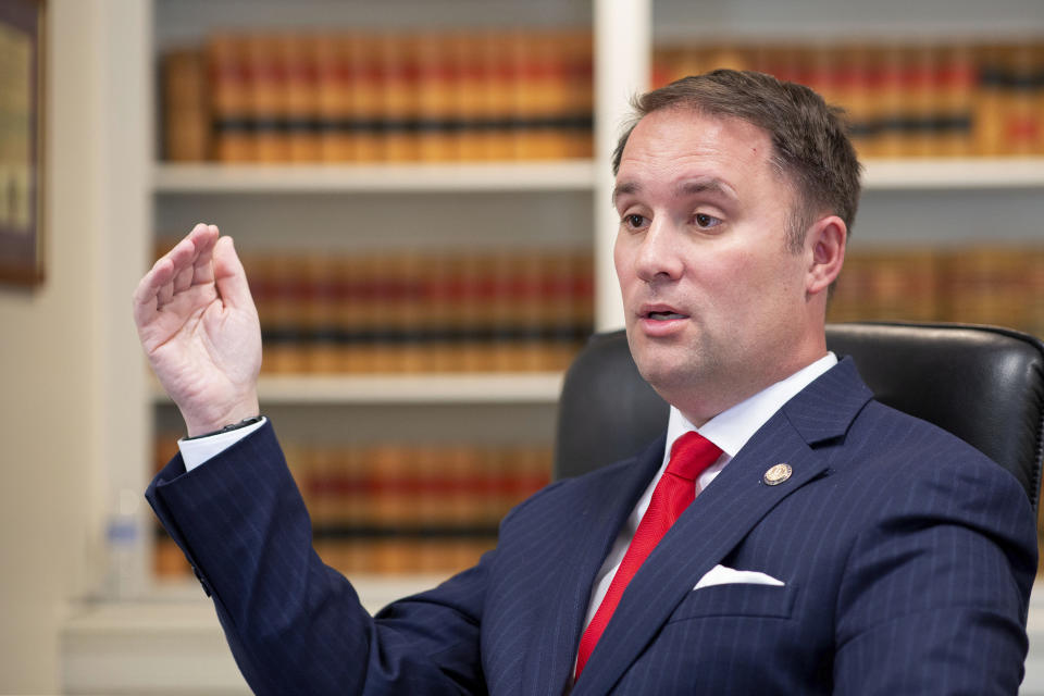 Virginia Attorney General Jason Miyares speaks during an interview at the Office of the Attorney General in Richmond, Va., Tuesday, May 9, 2023. (AP Photo/Ryan M. Kelly)