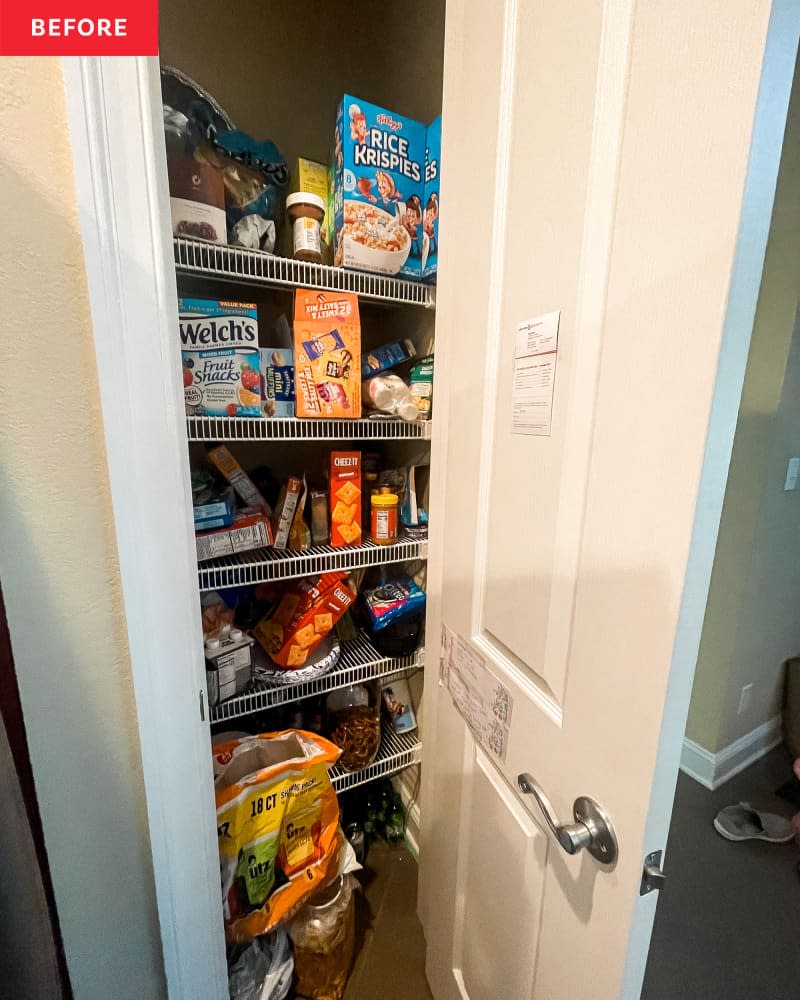 Before: a white door opening to a pantry with wire shelves