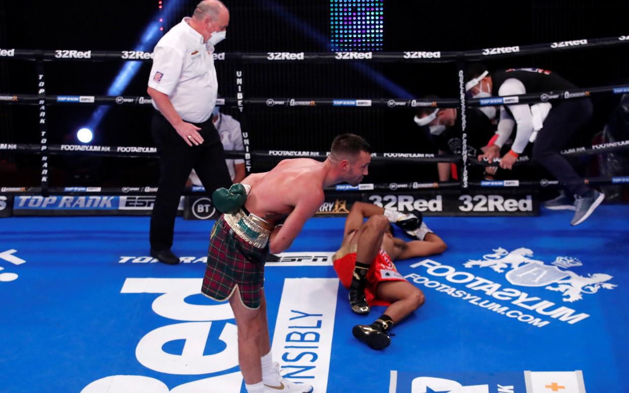 Josh Taylor after knocking down Apinun Khongsong. - REUTERS