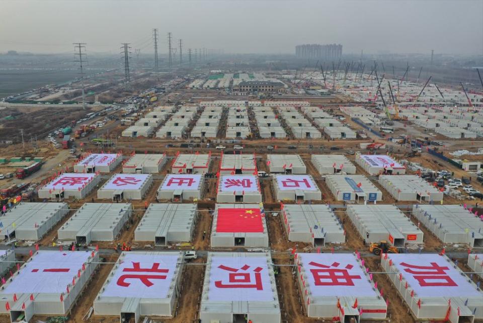 This aerial photo, taken on Jan. 20, 2021, shows the construction site of the Huangzhuang quarantine center in Shijiazhuang, north China's Hebei Province.<span class="copyright">Yang Shiyao/Xinhua via Getty)</span>