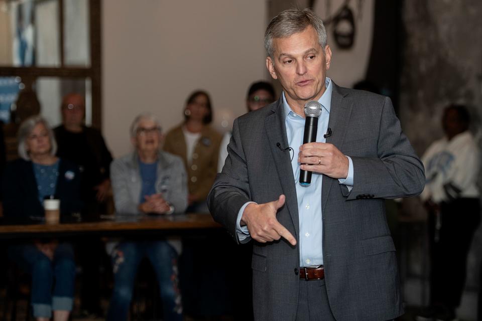 Attorney General Josh Stein speaks at Urban Orchard in his bid for governor, October 11, 2023, in Asheville.