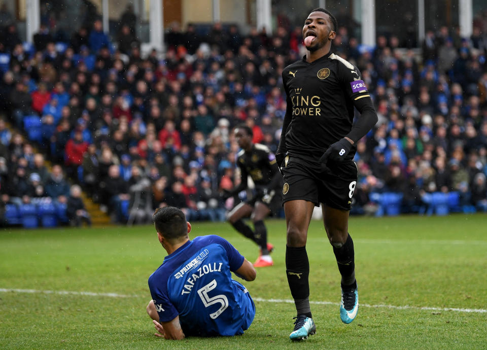 Kelechi Iheanacho celebrates during The Emirates FA Cup Fourth Round match between Peterborough United and Leicester City at ABAX Stadium on January 27, 2018 in Peterborough, England