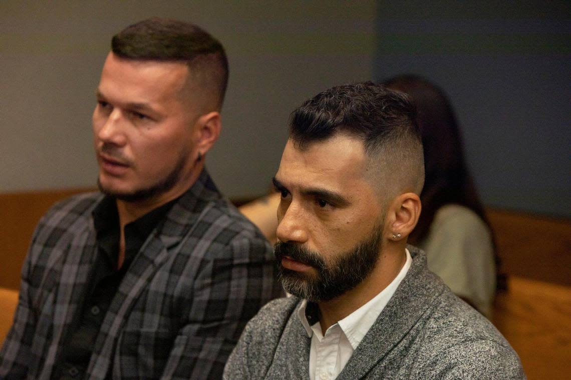 Beating victims Dmitry Logonov, left, and Rene Chalarca in court on Monday as four young men were convicted of a hate crime for a 2018 attack on them in Miami Beach. The four avoided jail but Logonov, in a written statement, said he supported a chance for them to rebuild their lives.