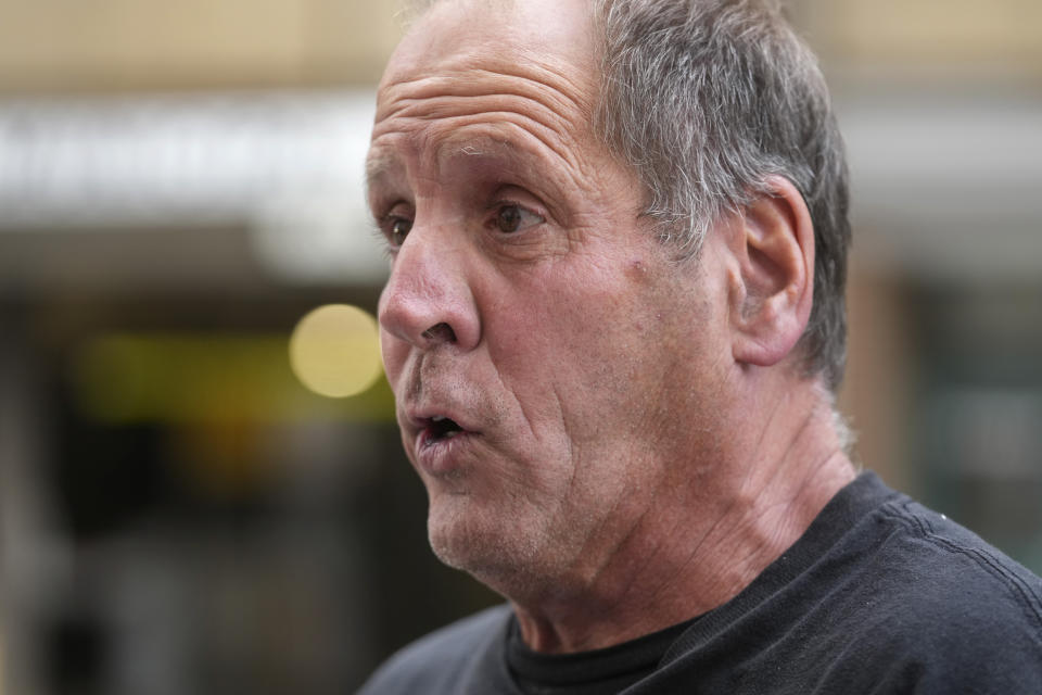 Paul Ventura, father of 18-year-old Mateo Ventura, both of Wakefield, Mass., speaks with reporters outside federal court, Thursday, June 8, 2023, in Worcester, Mass. Mateo Ventura appeared in federal court Thursday on a charge of knowingly concealing the source of material support or resources to a foreign terrorist organization, the U.S. attorney's office in Boston said in a statement. (AP Photo/Steven Senne)