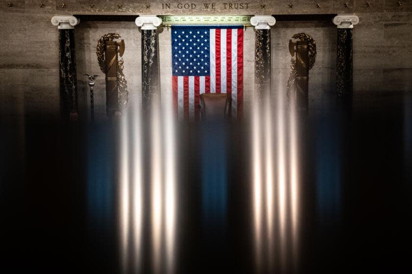 WASHINGTON, DC - JANUARY 03: The empty chair at the top of the three-tiered Dias of the House Chamber of the U.S. Capitol Building on Tuesday, Jan. 3, 2023 in Washington, DC. Today members of the 118th Congress will be sworn in and the House of Representatives will hold votes on a new Speaker of the House. (Kent Nishimura / Los Angeles Times)