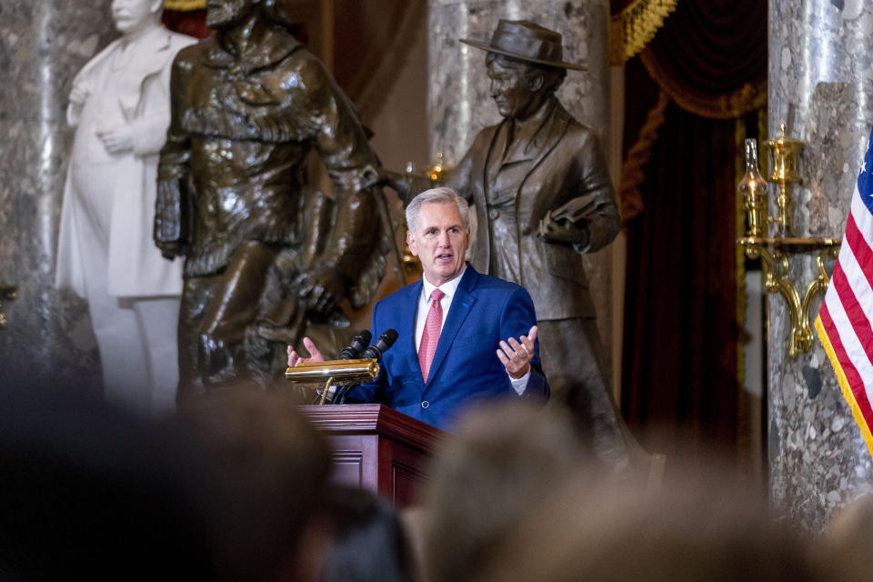 House Speaker Kevin McCarthy of Calif., speaks during an unveiling ceremony for the Congressional statue of Willa Cather, in Statuary Hall on Capitol Hill in Washington, Wednesday, June 7, 2023. Willa Cather was one of the country's most beloved authors, writing about the Great Plains and the spirit of America. (AP Photo/Andrew Harnik)