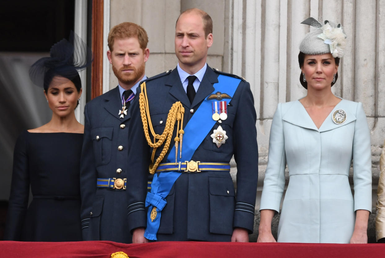 (left to right) The Duchess of Sussex, Duke of Sussex, Duke of Cambridge and Duchess of Cambridge on the balcony at Buckingham, Palace where they watched a Royal Air Force flypast over central London to mark the centenary of the Royal Air Force.