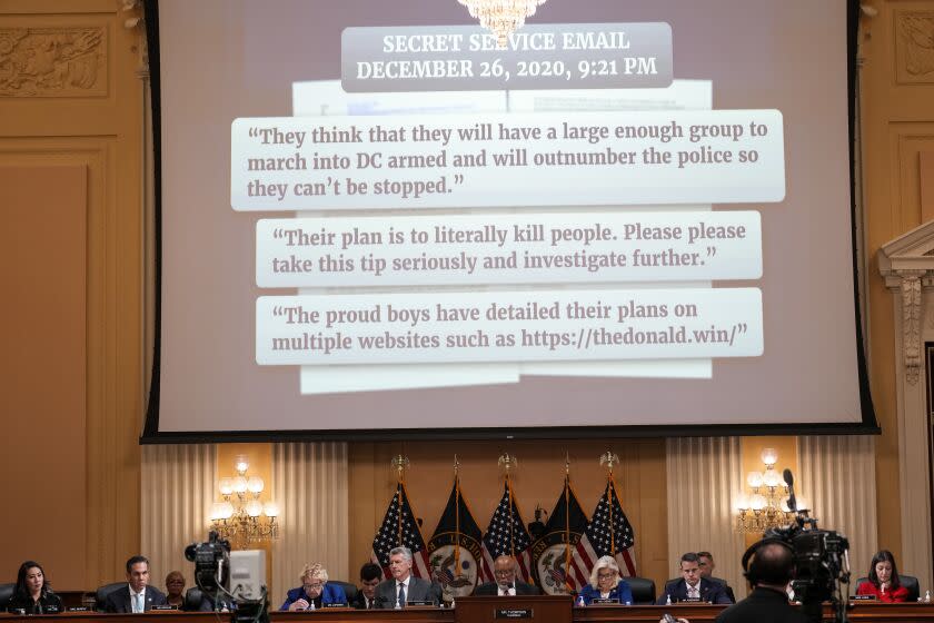 WASHINGTON, DC - OCTOBER 13: Excerpts of Secret Service emails display on a monitor during a hearing of the House Select Committee to Investigate the January 6th Attack on the United States Capitol in the Cannon House Office Building on Thursday, Oct. 13, 2022 in Washington, DC. The bipartisan Select Committee to Investigate the January 6th Attack On the United States Capitol has spent nearly a year conducting more than 1,000 interviews, reviewed more than 140,000 documents day of the attack. (Kent Nishimura / Los Angeles Times)