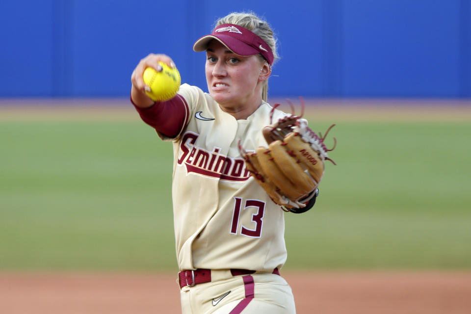Florida State's Mack Leonard pitches against Tennessee during the first inning of an NCAA softball Women's College World Series game, Monday, June 5, 2023, in Oklahoma City. (AP Photo/Nate Billings)