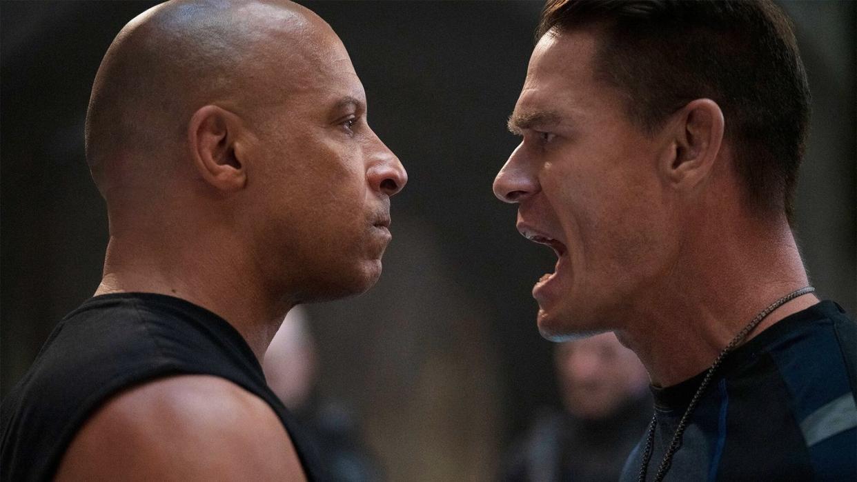 vin disel as dom an john cena as jakob square off in a scene from f9