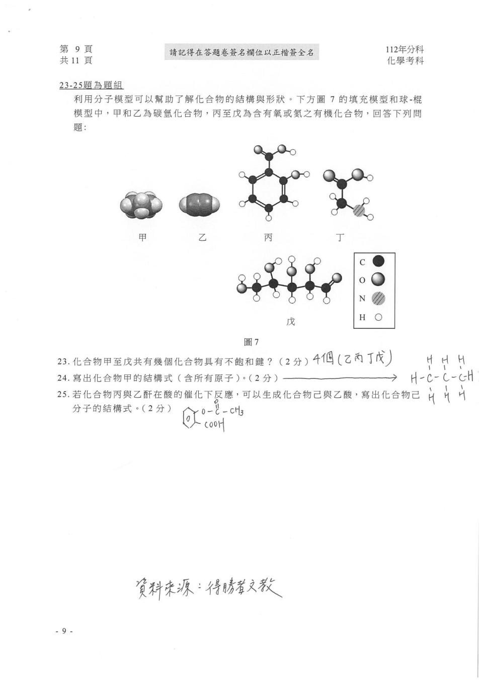 大學分科測驗化學科試題參考解答。（圖／得勝者文教提供）