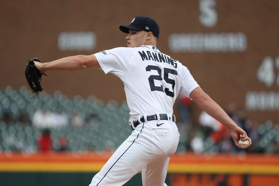 Detroit Tigers pitcher Matt Manning throws a pitch in the first inning vs. the Houston Astros at Comerica Park on August 25, 2023 in Detroit.