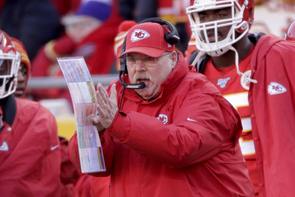 Kansas City Chiefs head coach Andy Reid reacts during the first half of the NFL AFC Championship football game against the Tennessee Titans Sunday, Jan. 19, 2020, in Kansas City, MO. (AP Photo/Charlie Riedel)