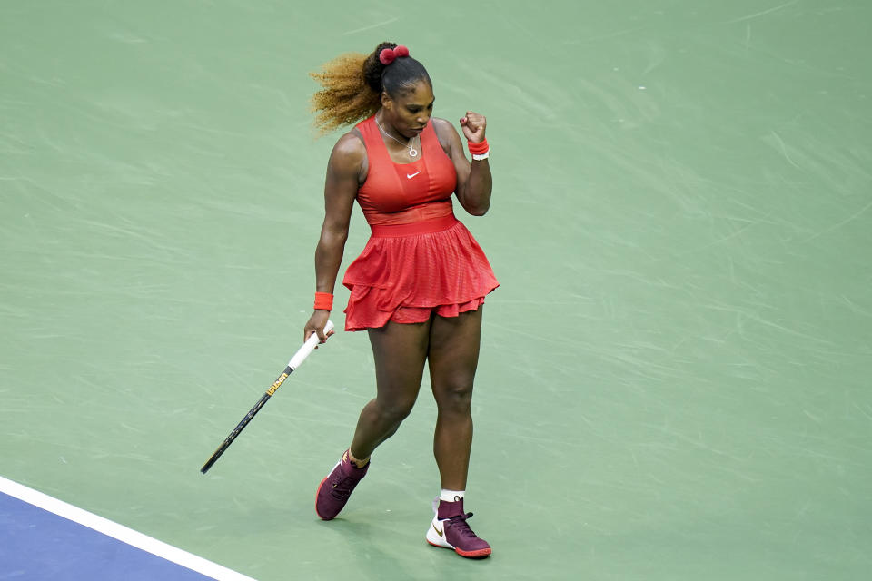 Serena Williams, of the United States, reacts during a match against Kristie Ahn, of the United States, during the first round of the US Open tennis championships, Tuesday, Sept. 1, 2020, in New York. (AP Photo/Seth Wenig)