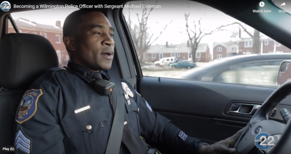 Former Wilmington police Sgt. Michael Coleman, who has pleaded guilty to bank fraud, in a 2020 police recruiting video that was broadcast on WITN Channel 22, a government access cable television station.