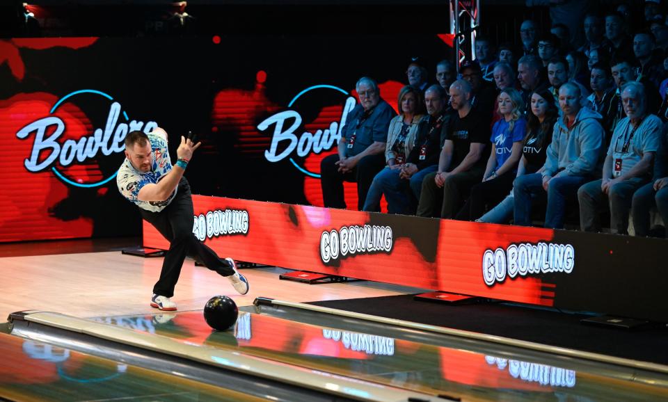 AJ Johnson bowls in his match against Jakob Butturff during the Cheetah Championship finals in the Guaranteed Rate PBA World Series of Bowling XIV on Monday, April 17, 2023, at Bowlero Wauwatosa in Wauwatosa, Wisconsin.